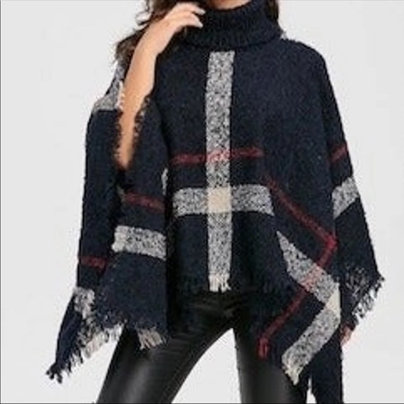 Sweaters - LAST 1️⃣Navy Blue Plaid Stripe Turtleneck Poncho